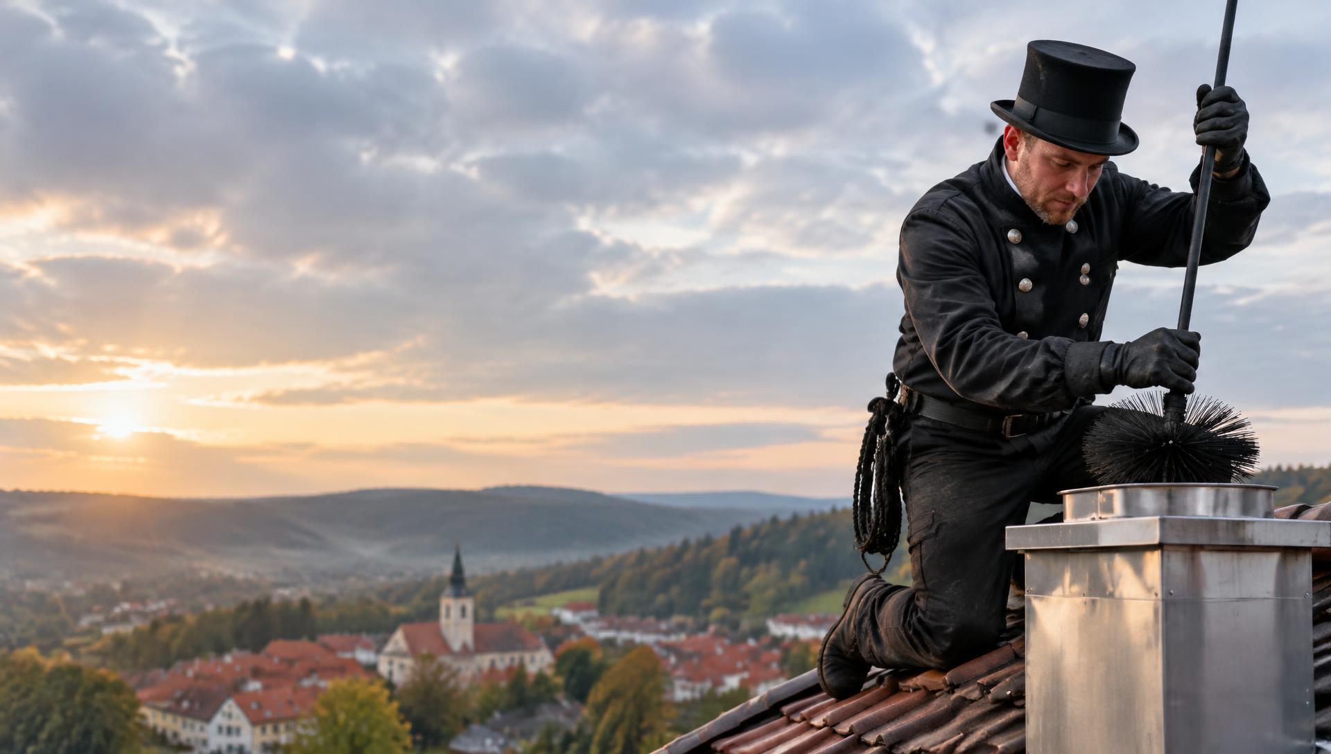 Kominík v pracovní uniformě na střeše u komína